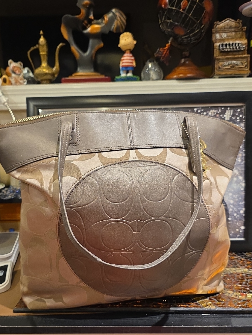 Coach Tote in Khaki and Metallic Taupe